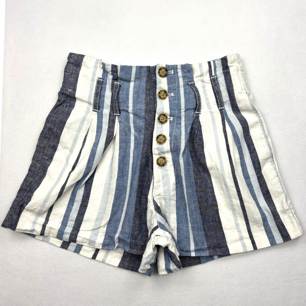 Abercrombie Fitch Womens XS High Rise Linen Striped Shorts Button Fly Blue White